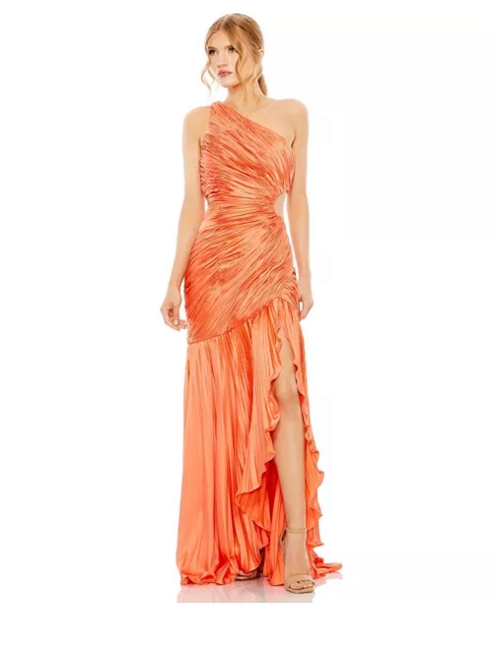 Mac Duggal One-Shoulder Coral Orange Ruffled Evening Gown